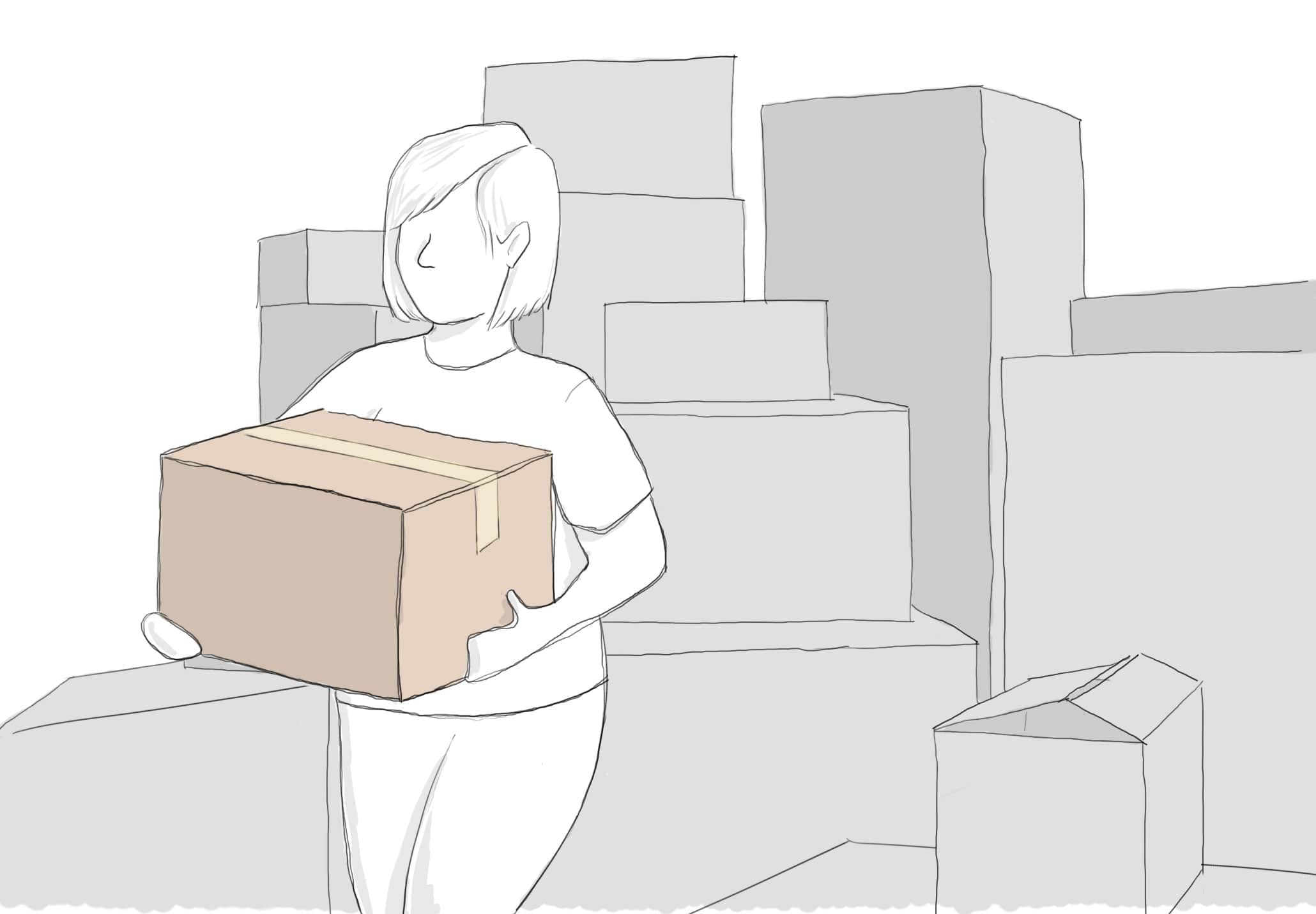 A woman carries a box from a stack of boxes