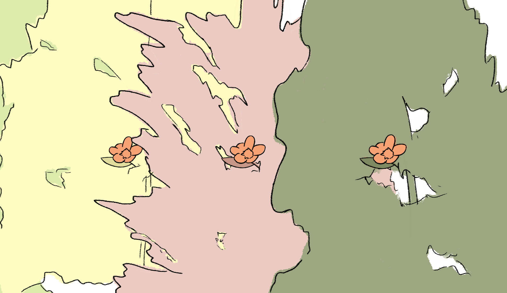 Illustration showing a close-up of three trees in an orchard