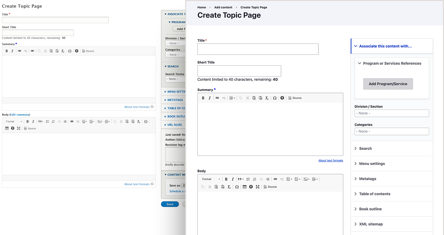 Comparison of how the "Create Topic Page" screen looked before and after the update to Claro.