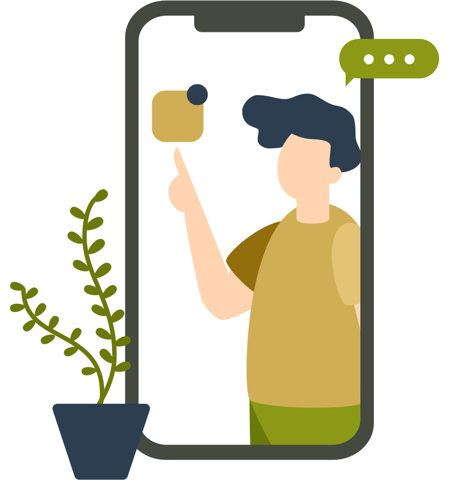Illustration of a person in a phone talking and tapping on a notification.