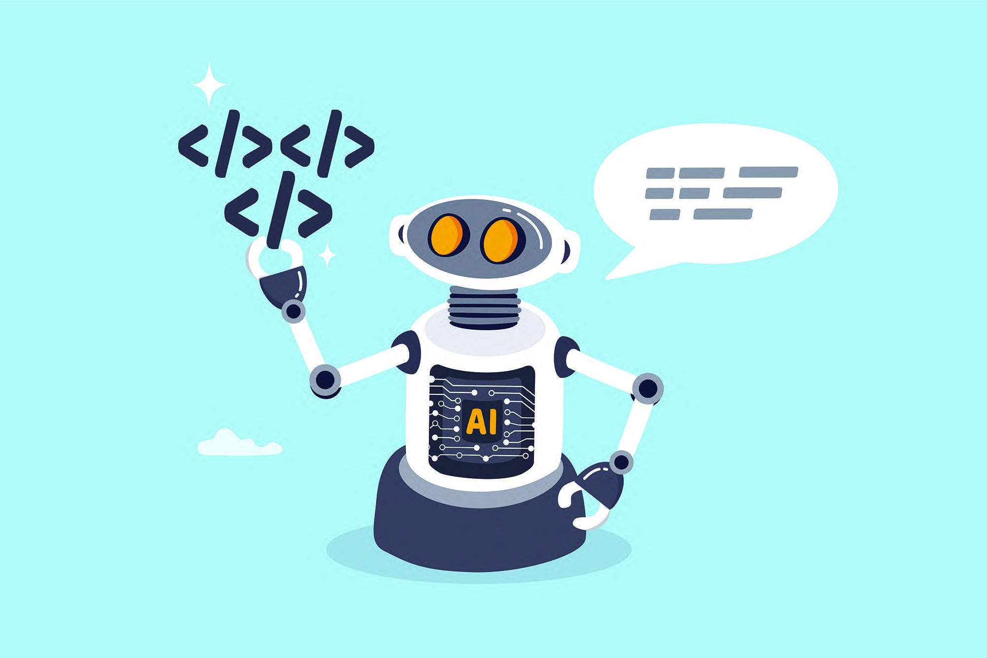 Cartoon robot with "AI" printed on its chest, holding up code symbols next to a speech bubble with text lines.