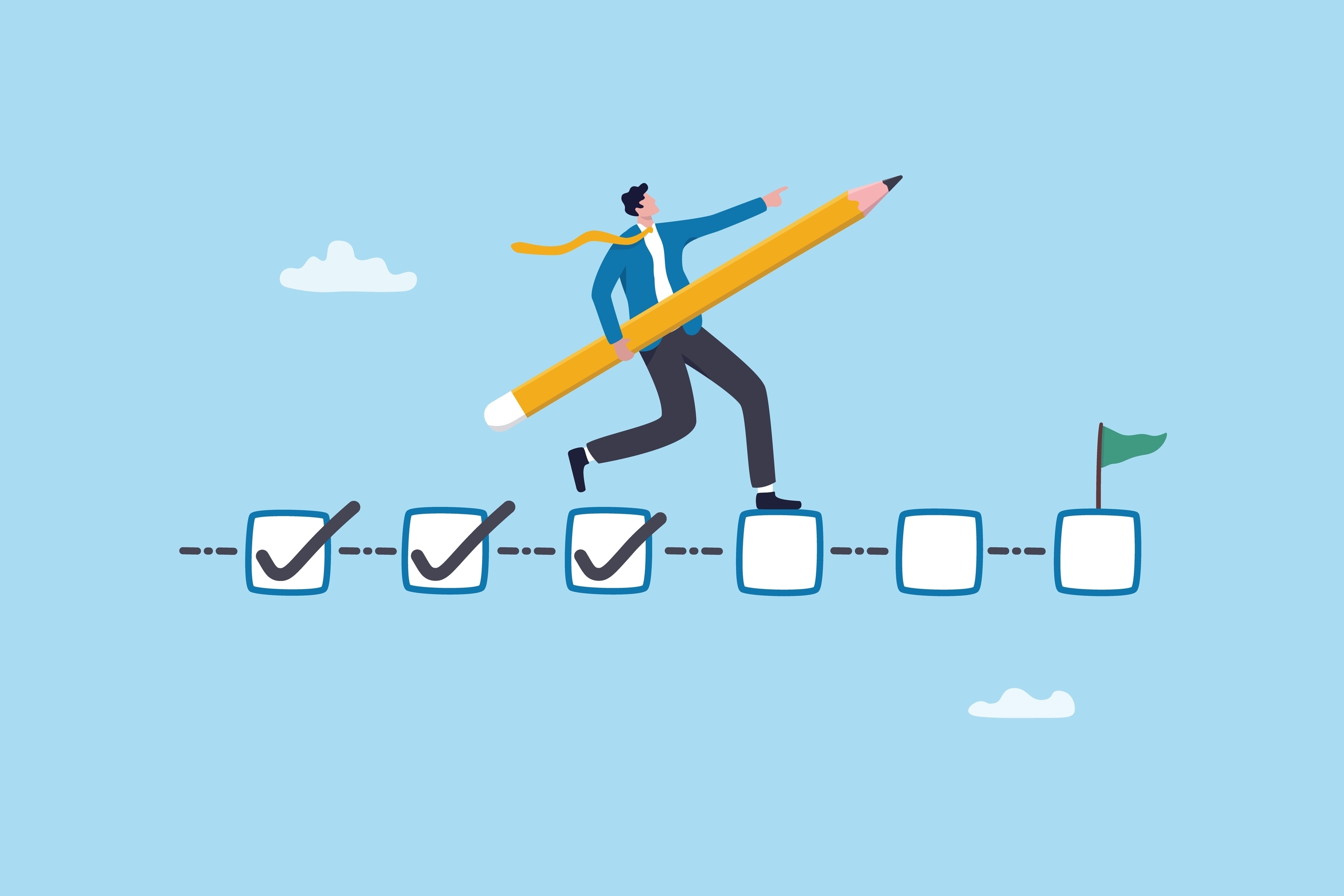 Person progressing through a checklist toward a goal, symbolizing achievement and completing milestones.