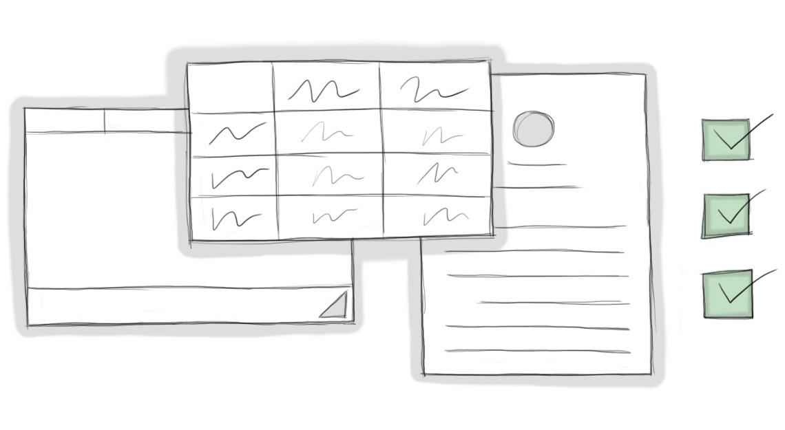 A wireframe for text, a table, and a document next to checkboxes.