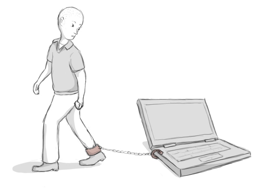 A man literally chained to his laptop.