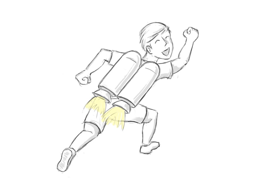 An illustration of someone flying with a jetpack.