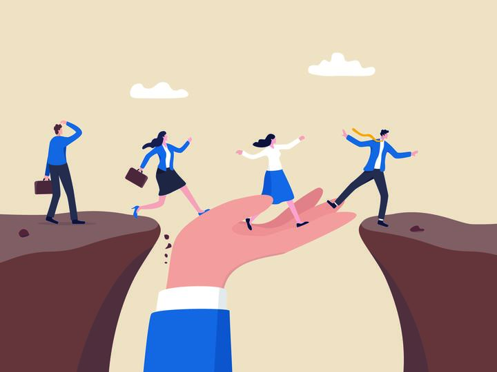 An illustration of a hand being a bridge between two cliffs to help people cross.