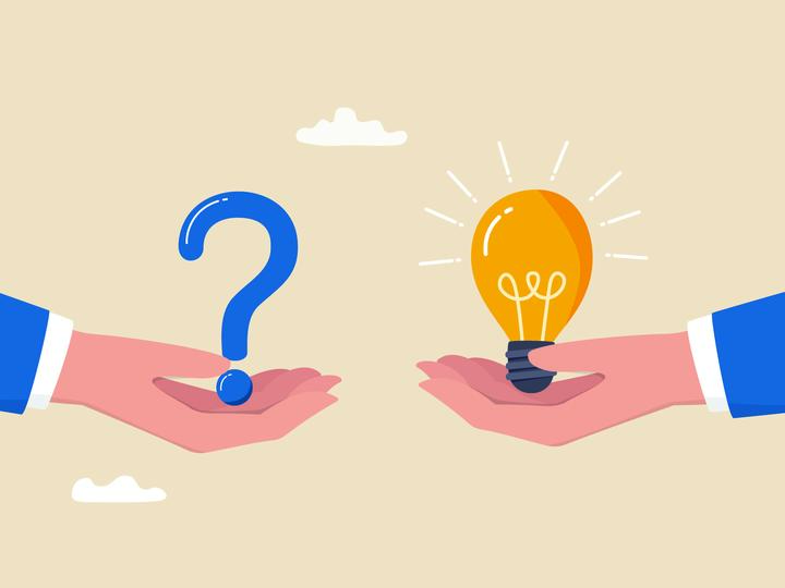 An illustration of one hand holding a question mark and another hand holding a light bulb.