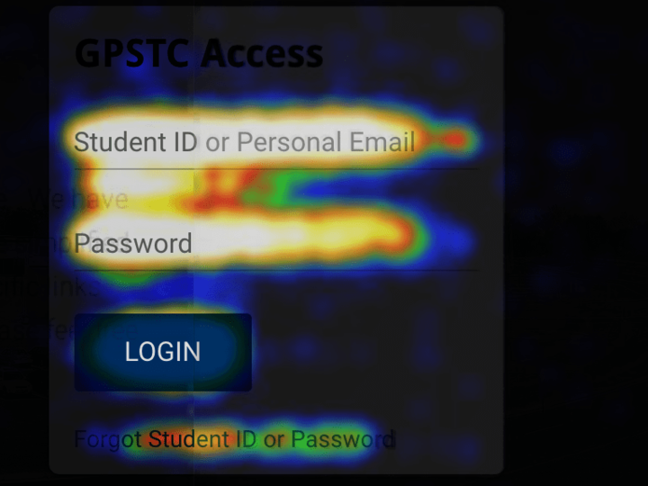 A screenshot of part of the heatmap of the GPSTC homepage, showing bright spots over the login.