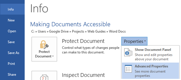 Screen shot of Info menu with 'Making Documents Accessible' on display
