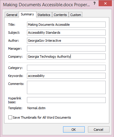 Summary menu for Making Documents Accessible document