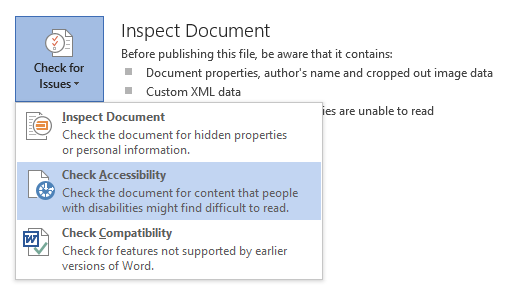Check Accessibility option is highlighted under Check for Issues menu