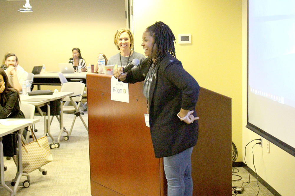 Jasymne Dove Epps (right) and Donna Sumner speak before attendees at GOVTalks Spring 2019