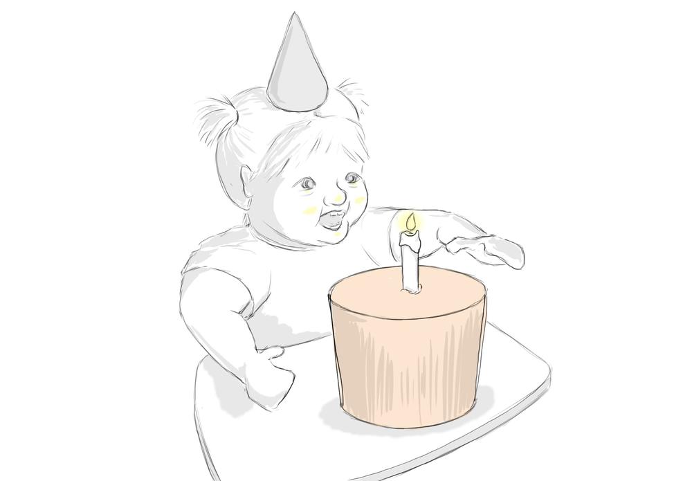Illustration of a baby getting ready to smash into a birthday cake.