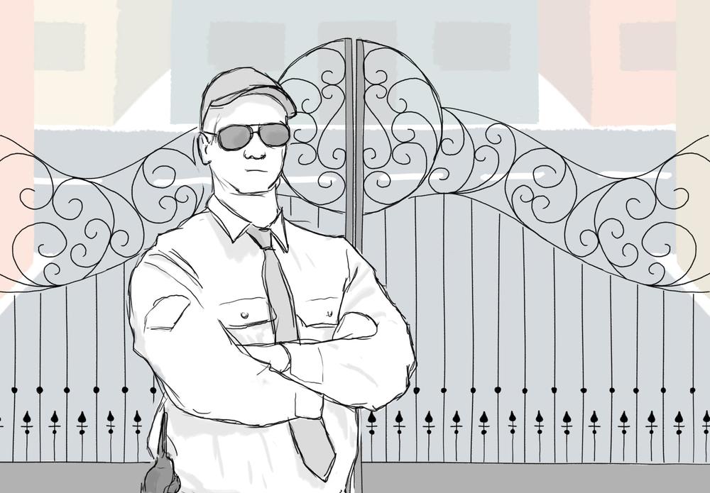 Security Guard in front of a iron gate