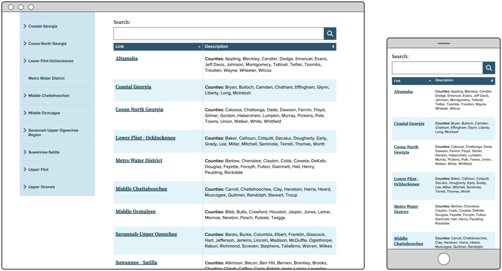 An example of a Link Collection using the Datatable display, showing the desktop and mobile layouts.