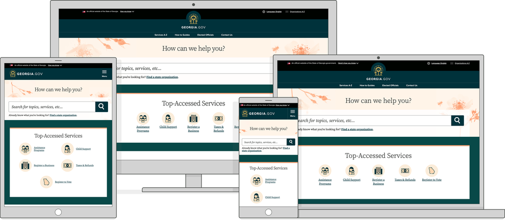 A desktop computer, laptop, tablet and mobile device display the Georgia dot Gov website