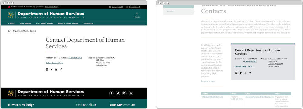 Image of a contact page and a contact teaser on the Department of Human Services website