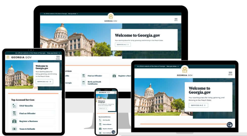 A desktop computer, laptop, tablet and mobile device display the Georgia dot Gov website