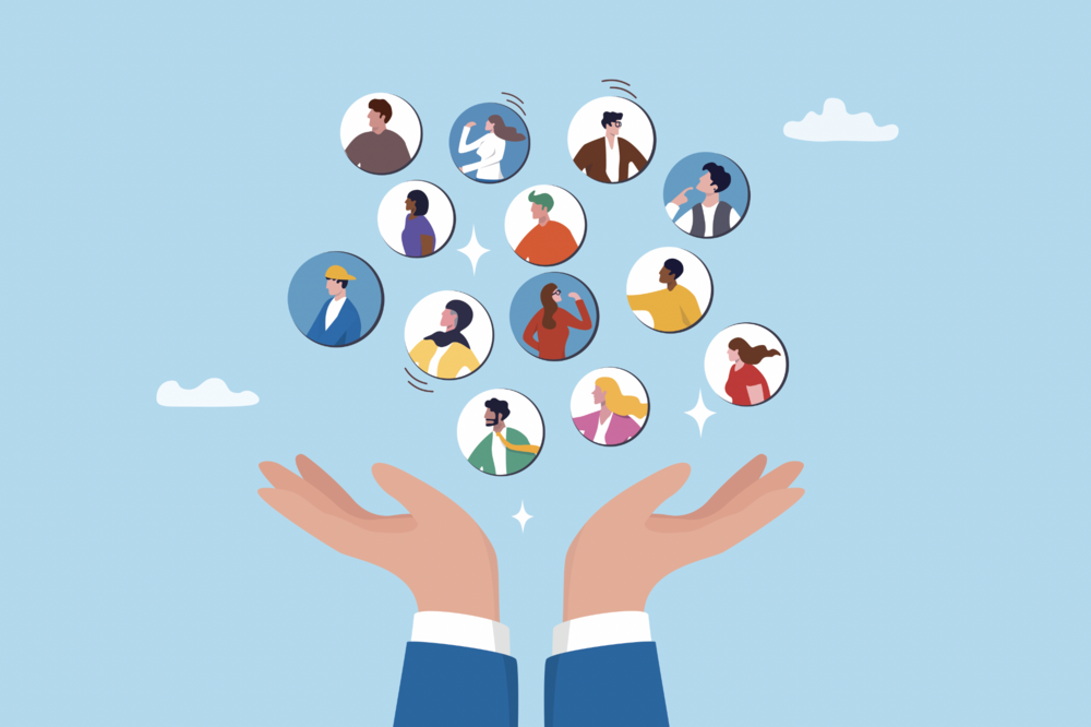 Two illustrated hands embracing many different circles of people