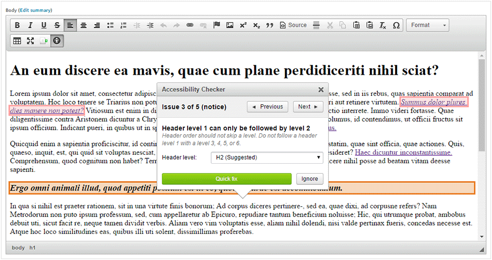 A11yChecker error message example: Header level 1 can only be followed by level 2. (The WYSIWYG currently contains H1 followed by H3.)