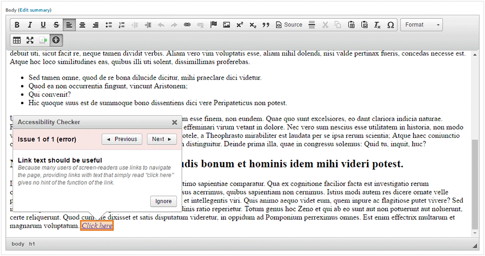 A11yChecker error message example: Link text should be useful. (The WYSIWYG currently contains a link titled "Click here.")