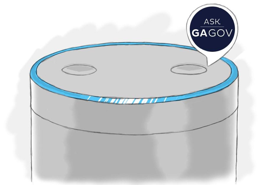 Illustration of the top of an Amazon Echo. At the top is a speech bubble with the "Ask GaGov" logo in it.