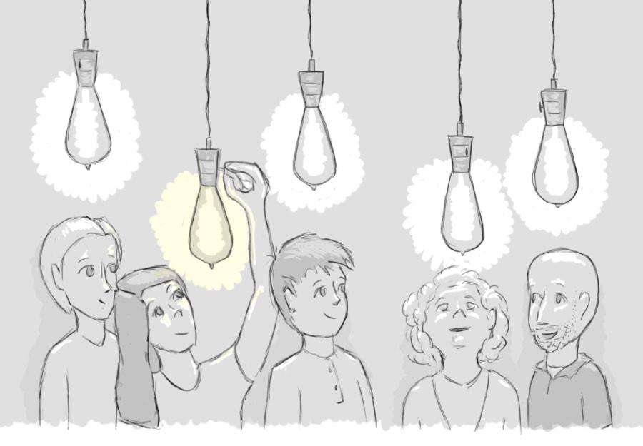 A group of people coming together with bright ideas.
