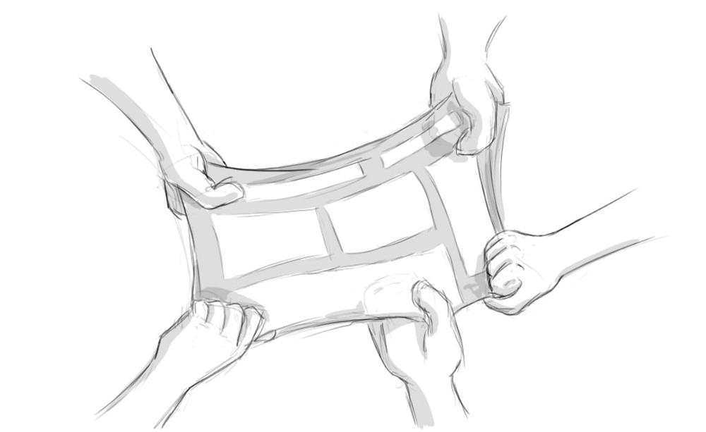 Five hands fighting over a webpage wireframe.
