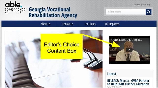 An example, pointed out with a yellow arrow, of an Editor's Choice Content Box on display