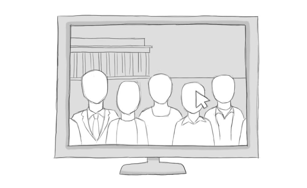 An image inside a computer screen of a group of people in front of an official building.