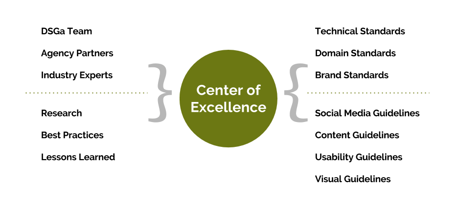 The Center of Excellence will include the DSGa team, agency partners, and industry experts. It will gather research, best practices, and lessons learned. It will help us create standards for technical, domain, and brand. And it will help us determine guidelines for social media, content, usability, and visual.