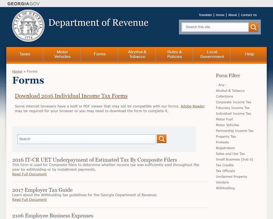 Screenshot of the Forms page on DOR.Georgia.gov. In the main content section, there's one link with description pulled out, a search box, and a long list of links and descriptions. There is a Form Filter in the sidebar.