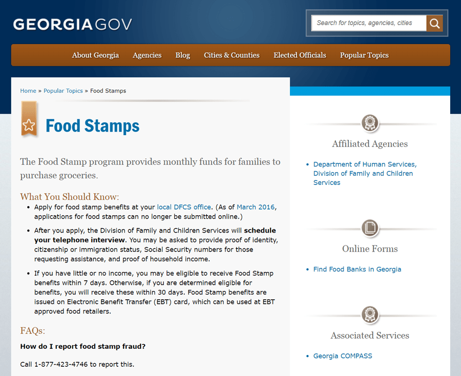Screenshot of a page on Georgia.gov titled Food Stamps. In the main content section, there's a short blurb, bullet points, and an FAQs section. The sidebar includes links for Affiliated Agencies, Online Forms, and Associated Services.