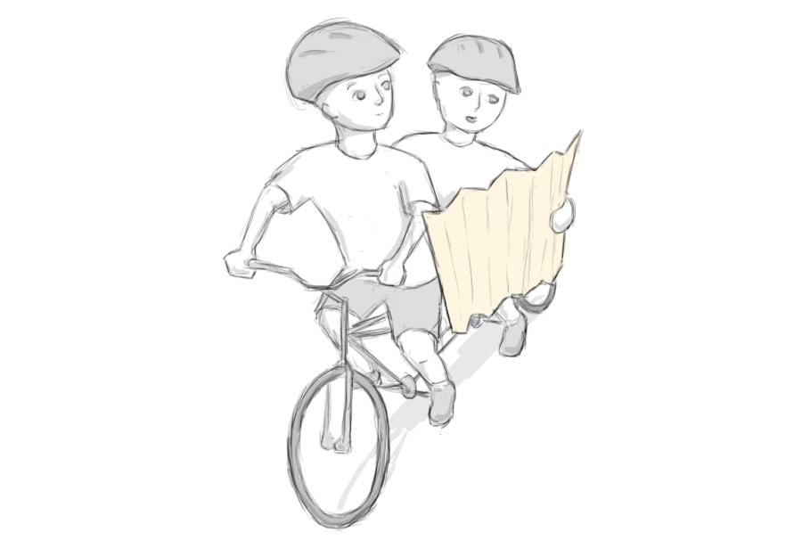 Two people on a tandem bike, looking at a map.