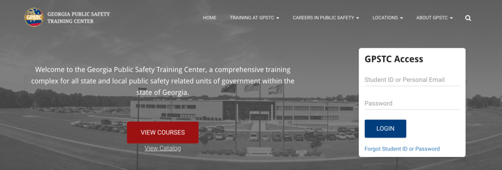 A screenshot of the GPSTC homepage, including a space for returning students to log in.