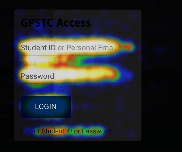 A screenshot of part of the heatmap of the GPSTC homepage, showing bright spots over the login.