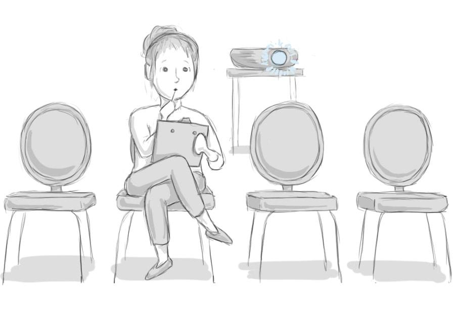 Illustration of a woman taking notes with a projector running behind her.