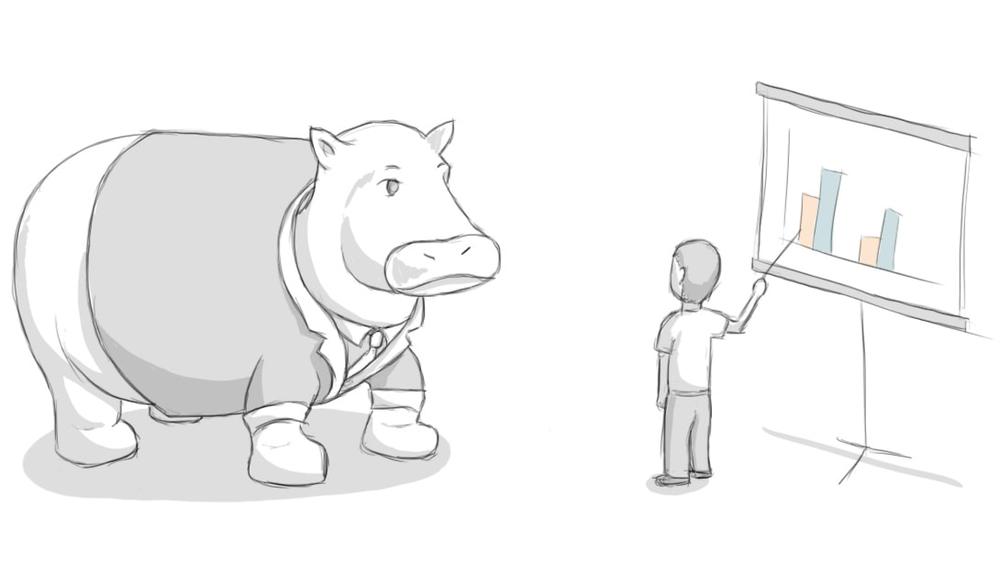 A man presenting a graph to a hippo wearing a suit jacket.