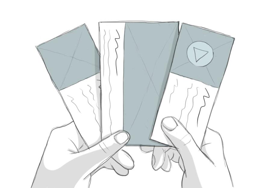 Hands holding wireframes of Twitter cards like a hand of playing cards.