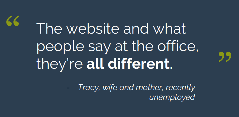 "The website and what people say at the office, there's all different." in a blue box