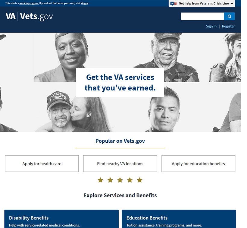 Screenshot for the simplified vets.gov homepage. There is a search bar, main heading, simple background image, and 3 large callout text link boxes, but little else.