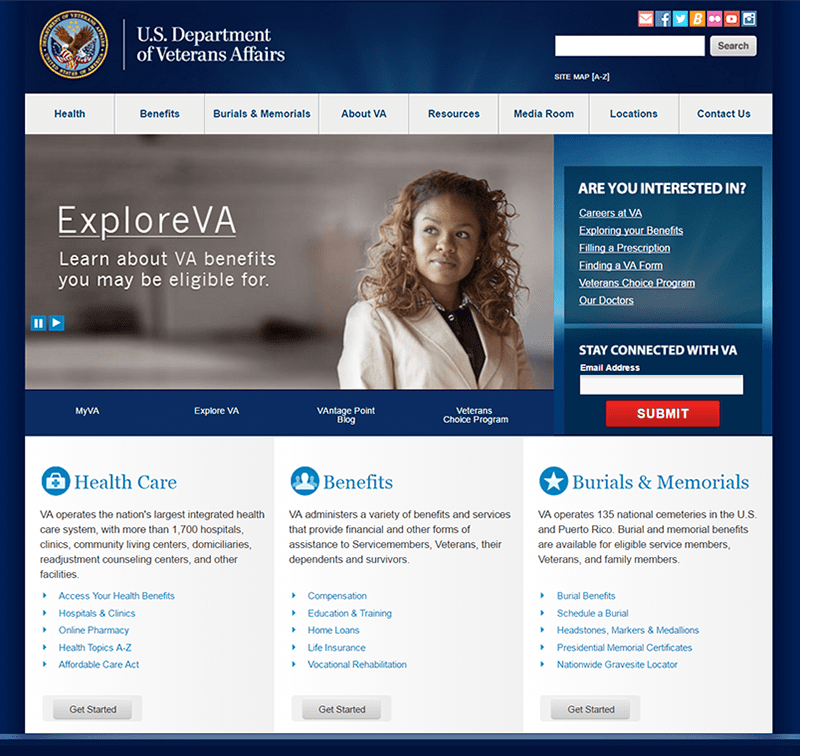 Screenshot for the va.gov homepage, with a menu bar, rotating image banner, and many sections and links.