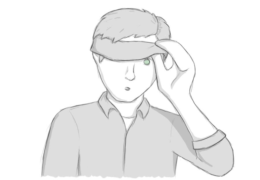 Man peeking with one eye from under a blindfold.