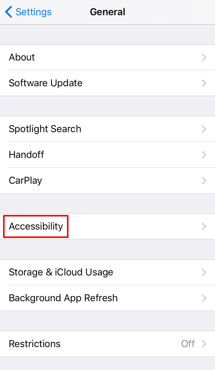 iPhone screenshot pointing out where to find accessibility settings.