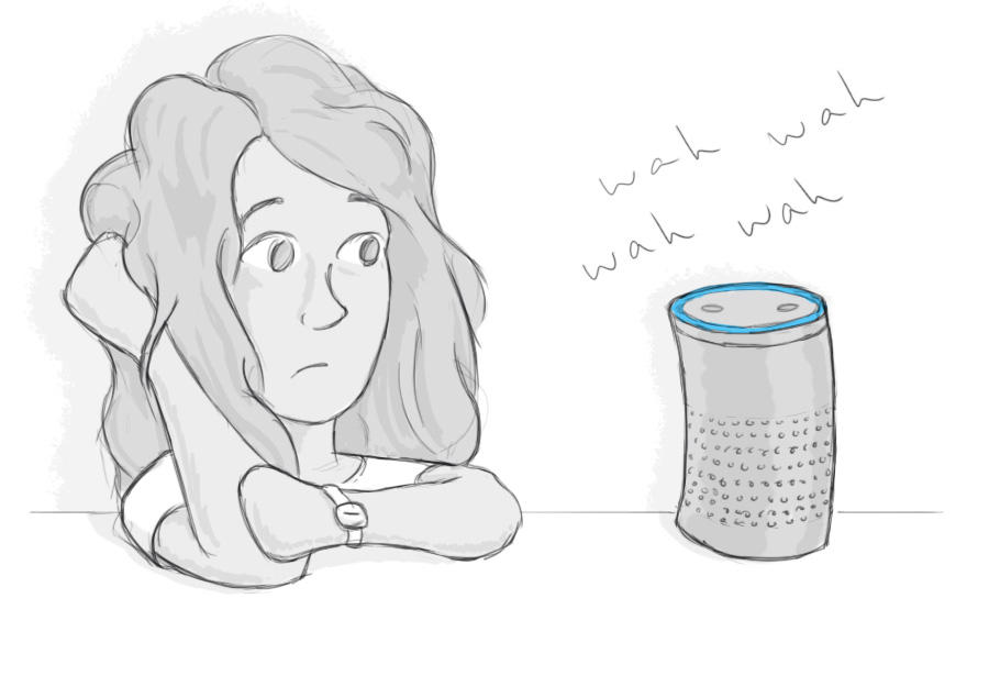 Illustration of a woman looking wearily at an Amazon Echo. Around the device is "wah wah wah wah," like how adults speak in a Charlie Brown cartoon.