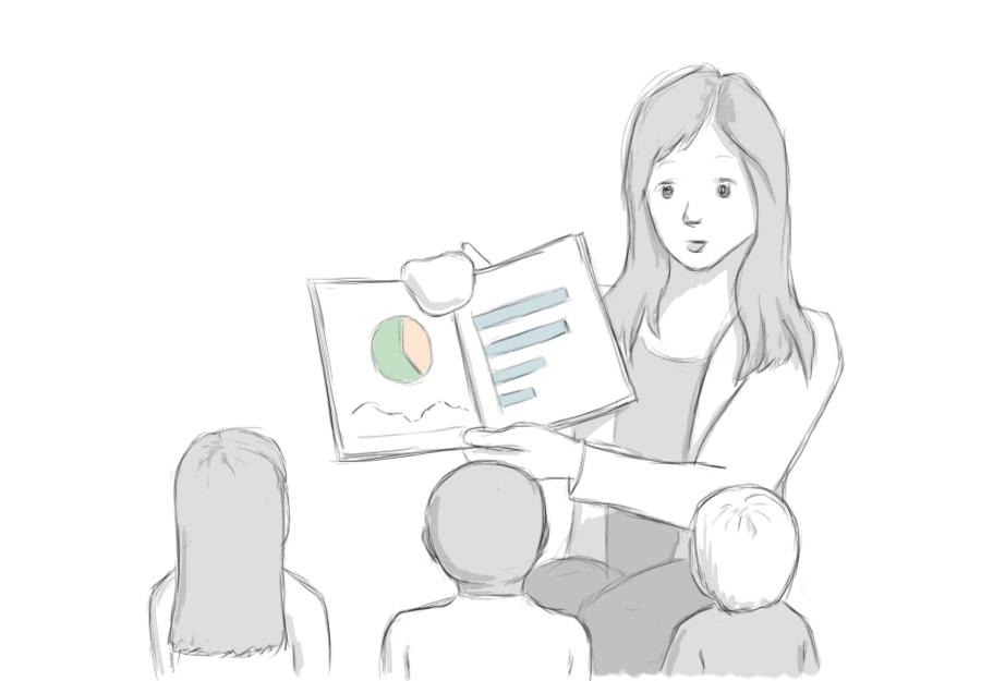 Illustration of a woman reading a book to children. The book has charts in it.