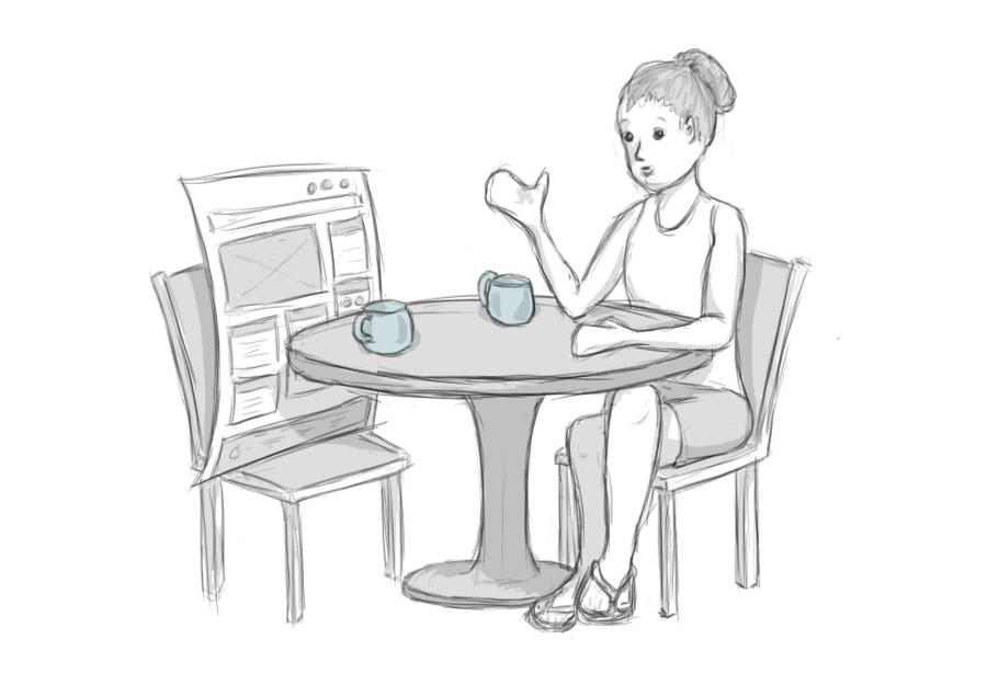 A woman having a cup of coffee across the table from a webpage.