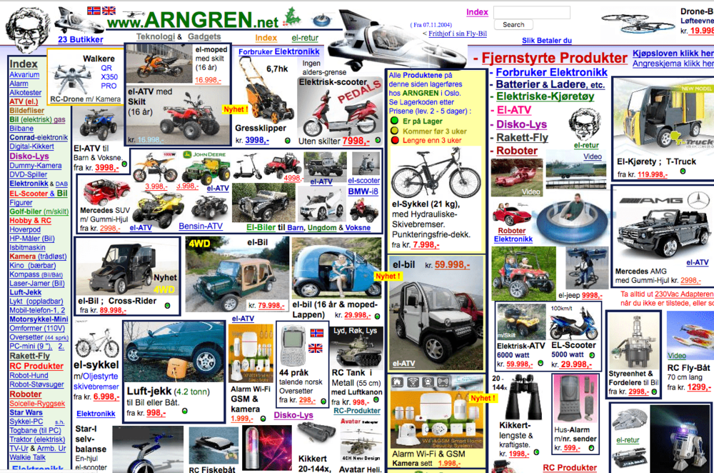 Arngren.net, a very messy, packed catalog-style website.