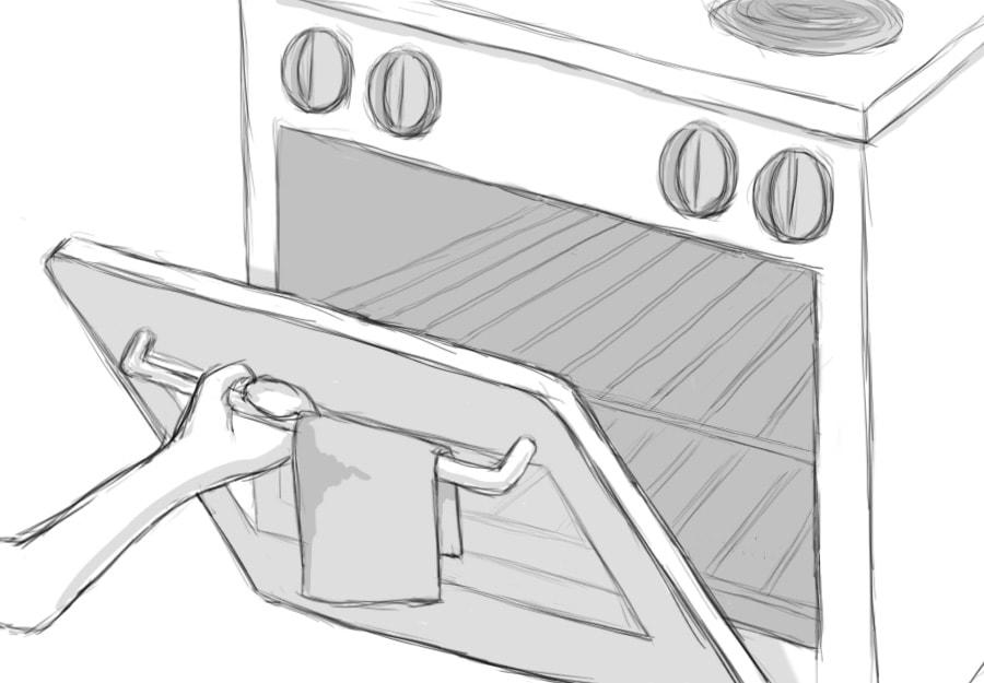 Illustration of an oven with the door held open.
