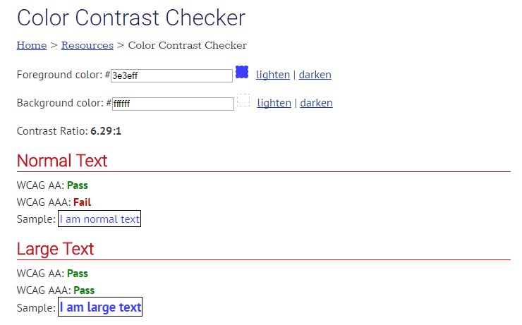 Color Contrast Checker with Normal and Large text